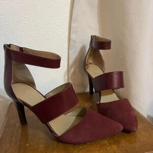 Franco Sarto Maroon Strap Pump Heel Office Party Wine Leather Suede Glam Pointed